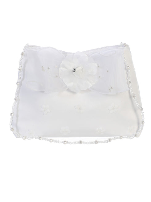 Tip Top Kids Girls White Flower Accented Satin Stylish Communion Purse - SophiasStyle.com